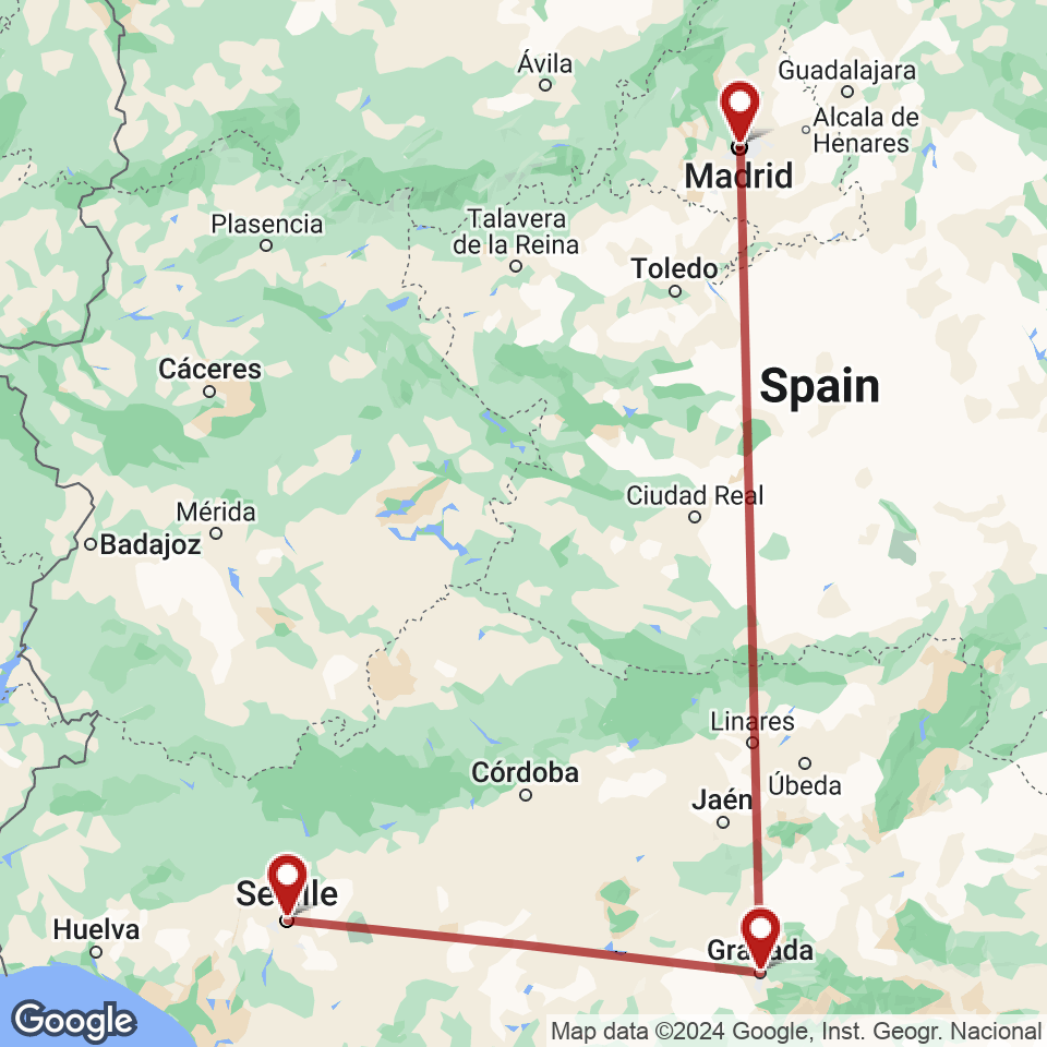 Route for Madrid, Granada, Seville tour
